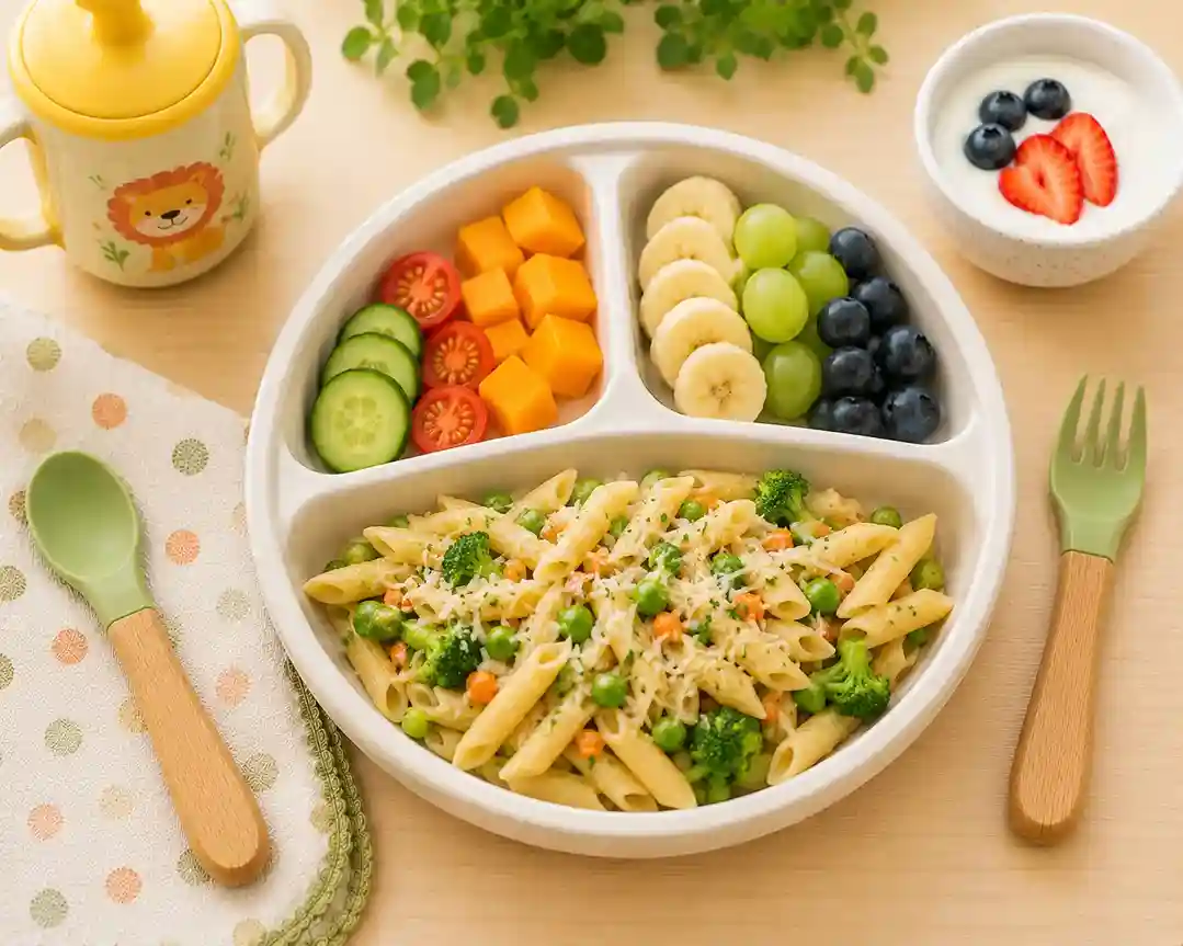Meal Plans 6 Colorful kids' meal setup on wood