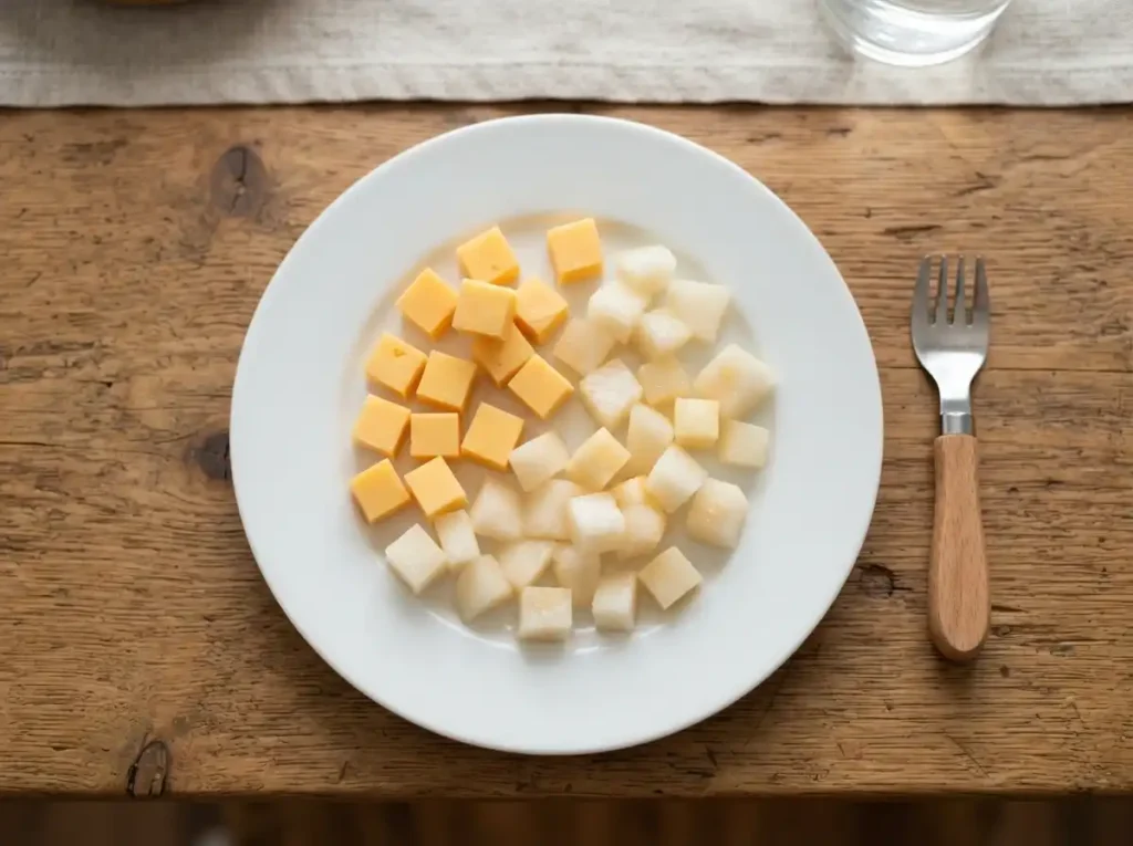 50+ Healthy Toddler Snack Ideas (Easy, Nutritious & Parent-Approved) 4 dairy snack for 1 year old, small cubes of mild cheddar cheese alongside ripe pear pieces
