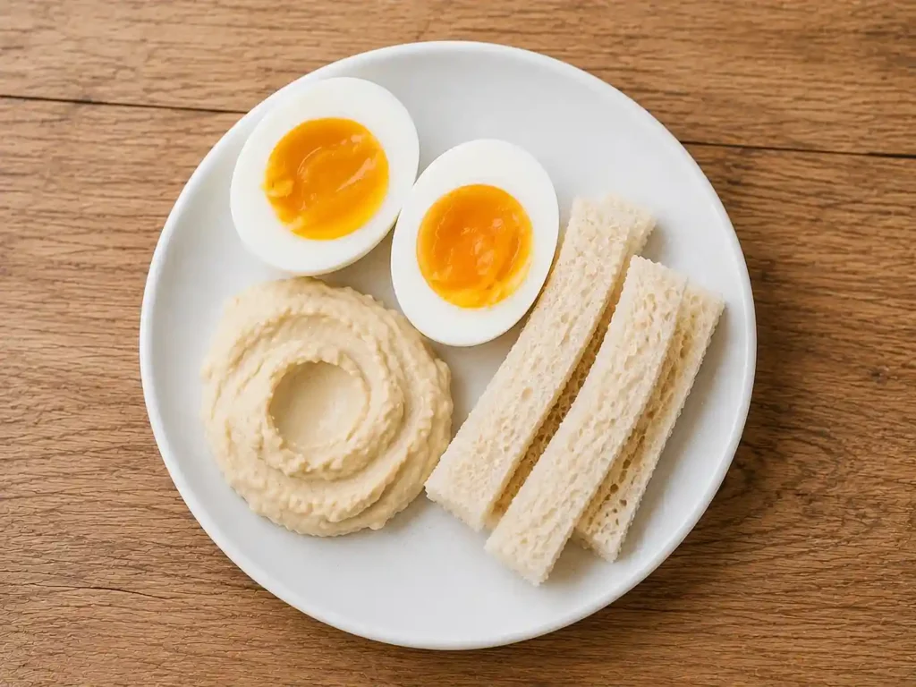 50+ Healthy Toddler Snack Ideas (Easy, Nutritious & Parent-Approved) 5 protein snack for toddler,
soft boiled egg cut in half
alongside hummus and soft bread strip