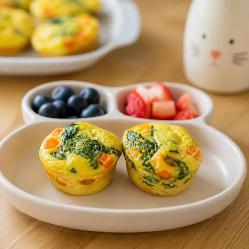 Healthy Breakfast Ideas for 1 Year Old: 50+ Easy & Nutritious Recipes 2 mini baked egg muffins made with spinach and carrots