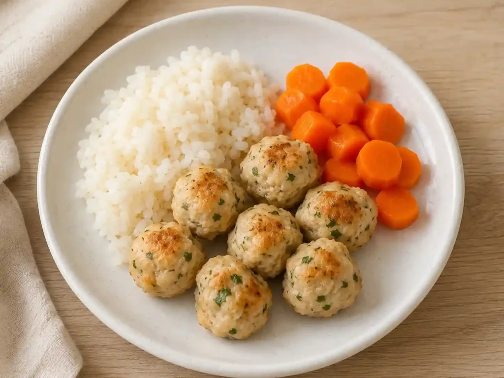 Toddler Dinner Ideas: 50+ Easy, Healthy Meals the Whole Family Will Love 4 mini chicken meatballs with soft rice
on small toddler plate, steamed carrots
on side,