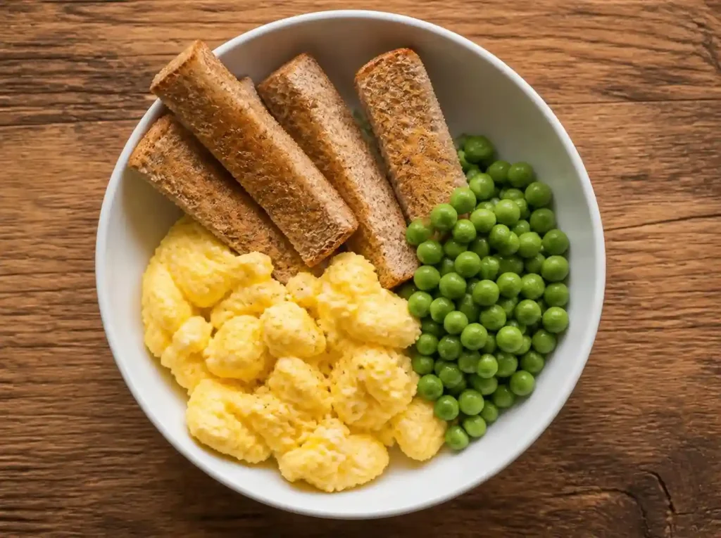Toddler Dinner Ideas: 50+ Easy, Healthy Meals the Whole Family Will Love 1 scrambled eggs with whole wheat toast fingers
and soft green peas