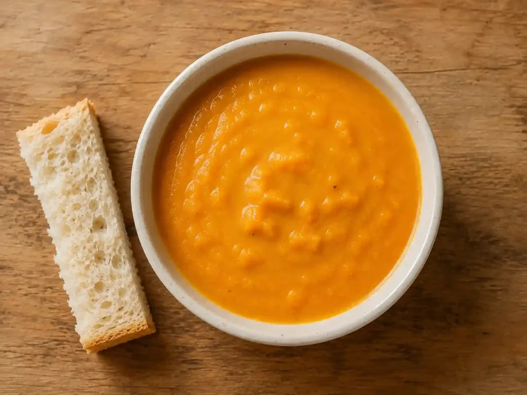 Toddler Dinner Ideas: 50+ Easy, Healthy Meals the Whole Family Will Love 6 sweet potato coconut soup in small
toddler bowl, orange creamy texture,
soft bread strip on side