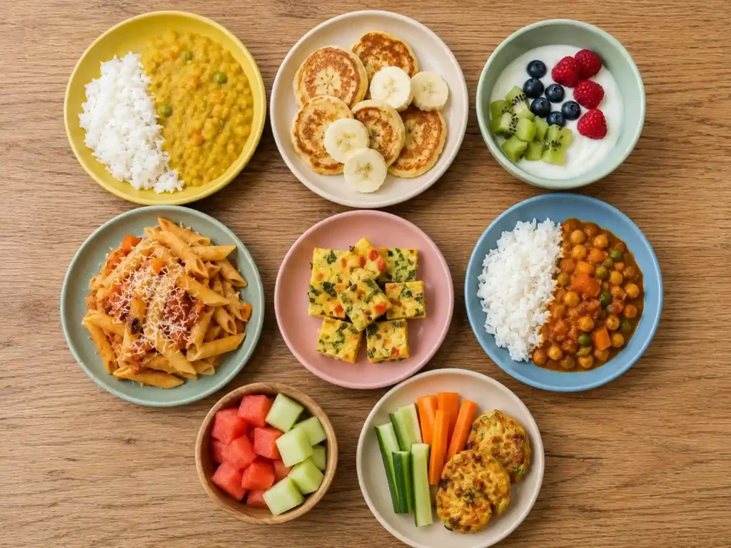 2 Year Old Meal Plan: A Complete 7-Day Guide for Busy Parents 1 olorful small plates arranged together, dal rice bowl, pasta with sauce, banana pancakes and yogurt bowl