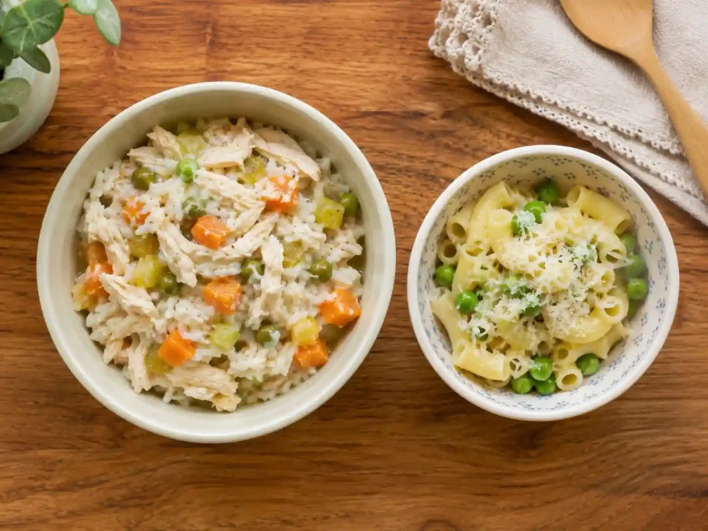 rice bowl with shredded chicken and soft vegetables