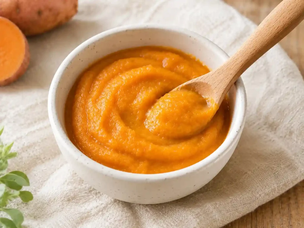 Baby Food Recipes: A Complete Stage-by-Stage Guide 1 sweet potato puree in a small white ceramic bowl