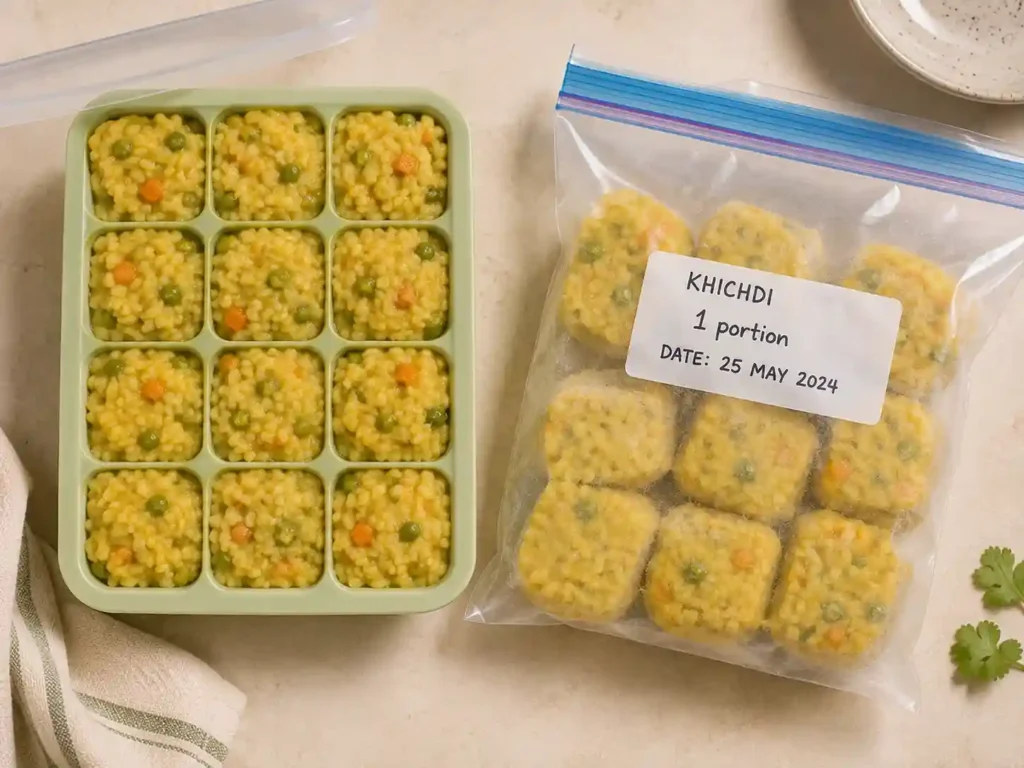 Khichdi for Babies: The Complete Guide, Recipe & Age-by-Age Variations 4 a silicone ice cube tray filled with portioned khichdi, next to a labeled freezer bag