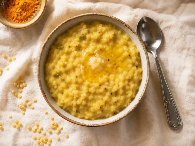 Home 2 A rustic ceramic bowl filled with soft, mushy yellow khichdi topped with a drizzle of melted ghee, a small steel baby spoon resting beside it.
