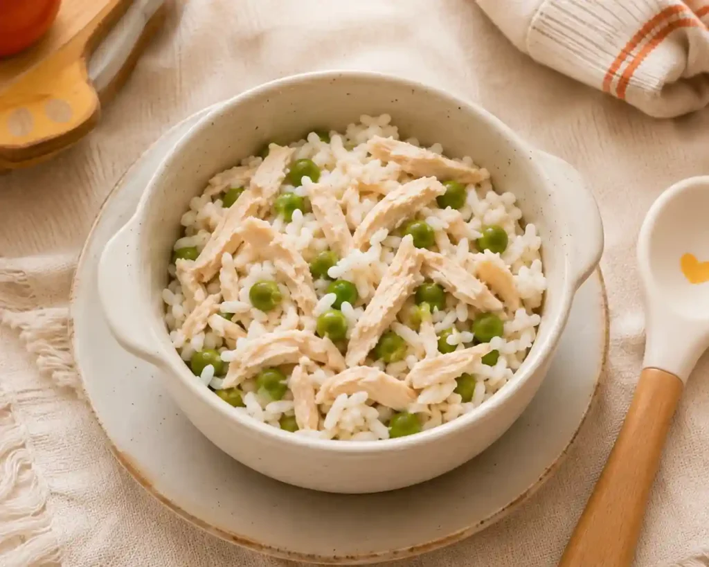 bowl with shredded chicken, rice, and peas