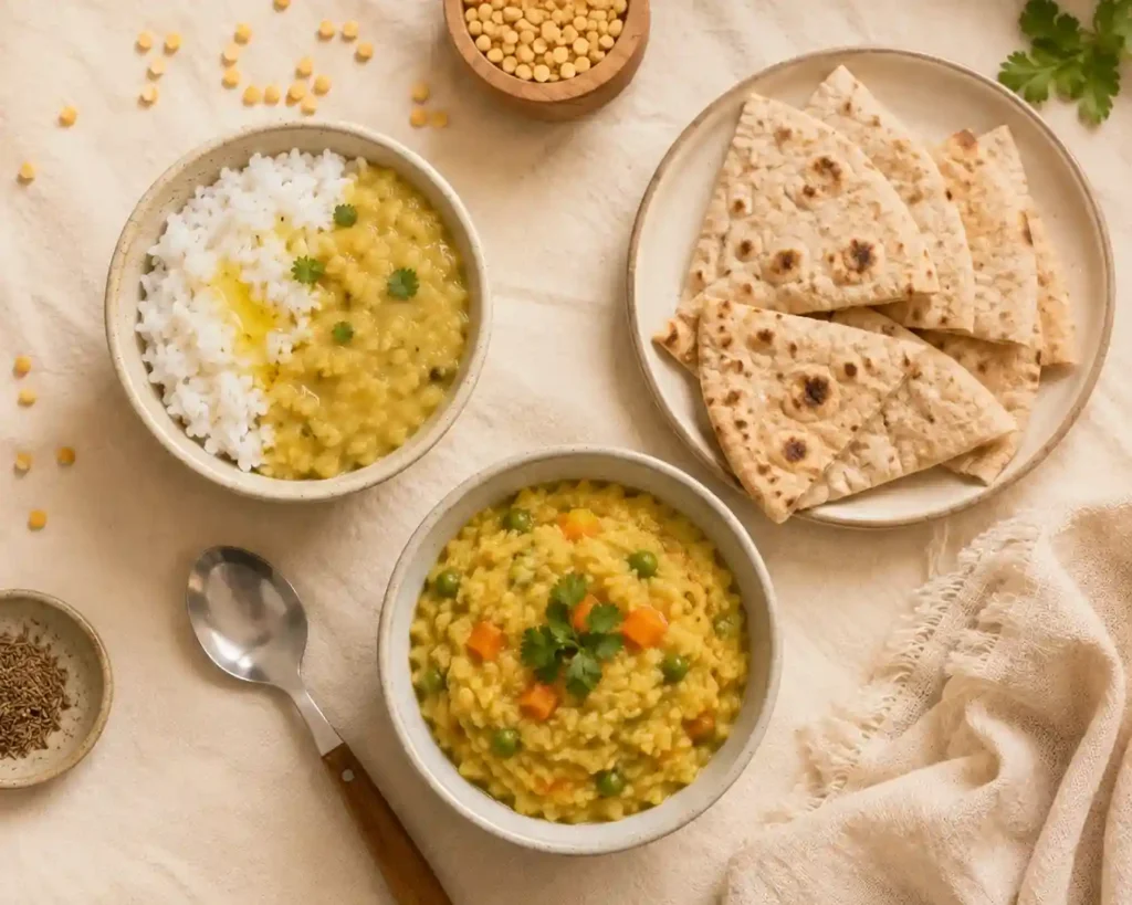 a small bowl of dal chawal topped with a drizzle of ghee, next to a small plate of soft roti pieces and a bowl of khichdi with vegetables