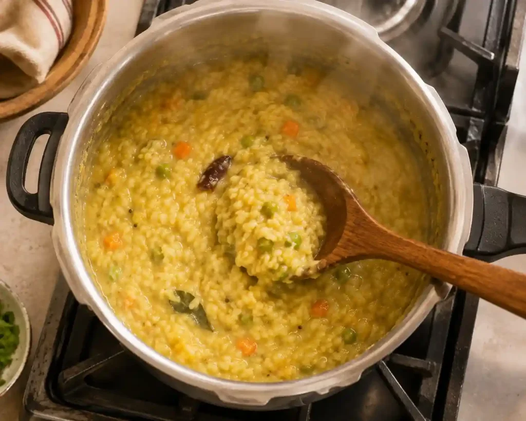 Khichdi for Babies: The Complete Guide, Recipe & Age-by-Age Variations 2 khichdi being cooked in a steel pot on a stovetop