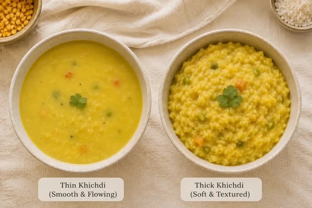 Khichdi for Babies: The Complete Guide, Recipe & Age-by-Age Variations 3 two small bowls side by side for comparison — one with smooth, thin khichdi (left) and one with slightly thicker