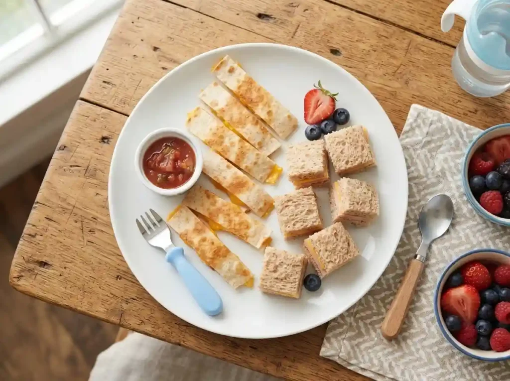 Finger Foods for 1 Year Old: 50+ Safe, Easy & Nutritious Ideas 3 toddler lunch finger foods,
cheese quesadilla strips and
mini sandwich squares on white plate