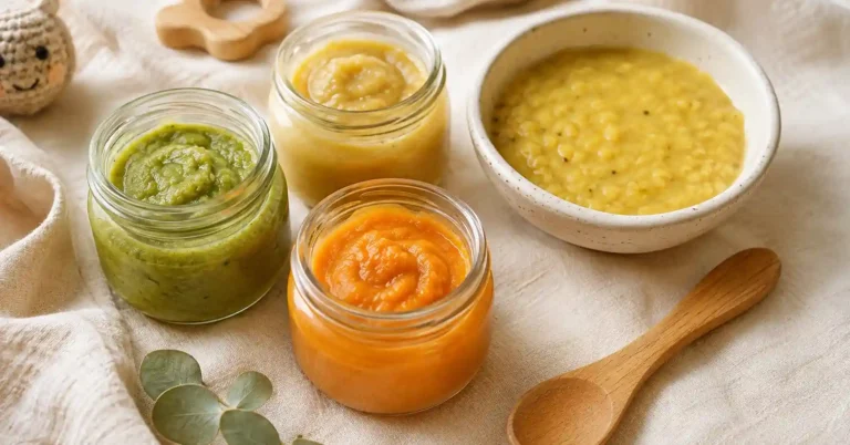 homemade baby food in small glass jars and a ceramic bowl