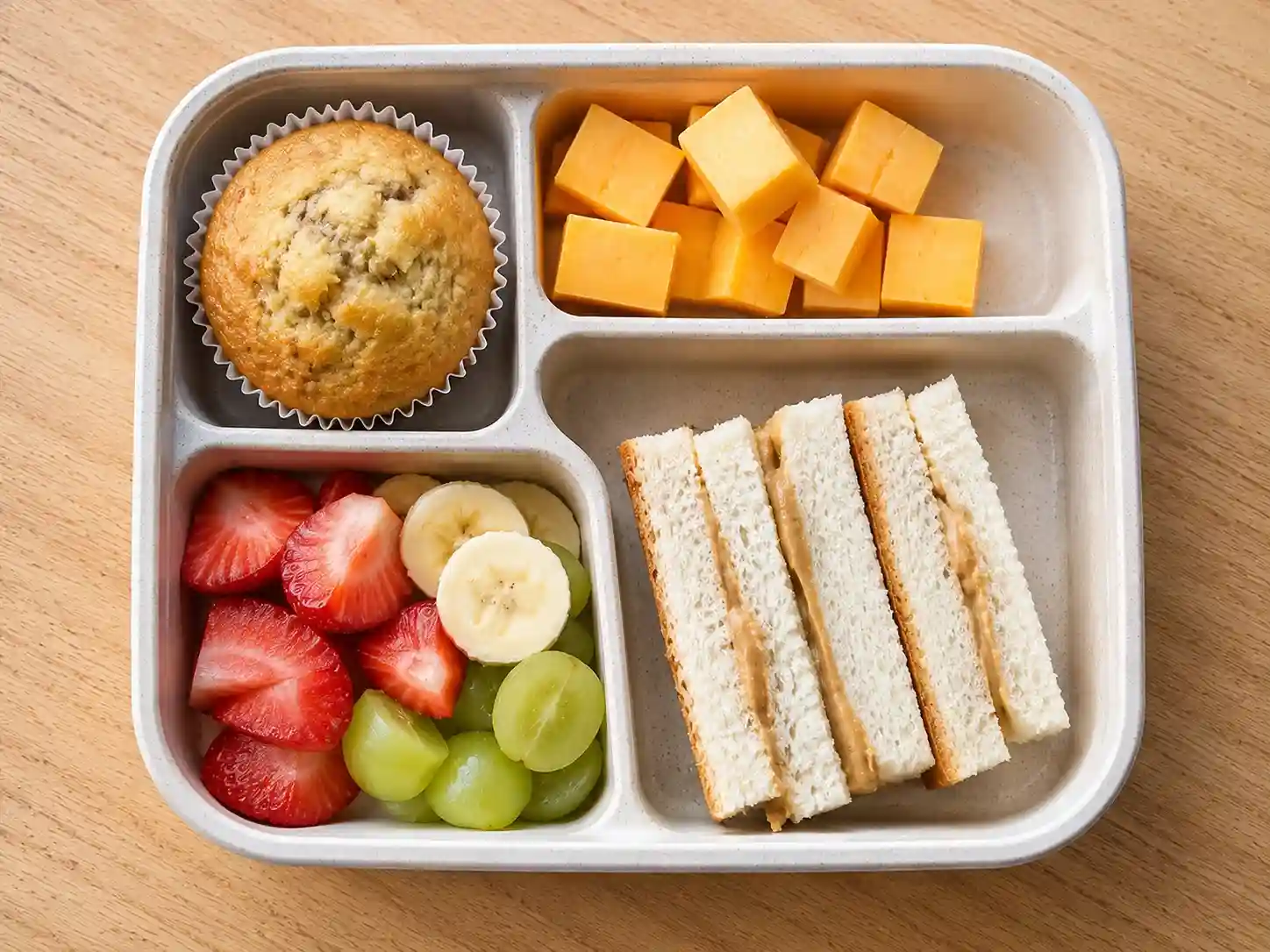 Finger Foods for 1 Year Old: 50+ Safe, Easy & Nutritious Ideas 8 banana muffin, cheese cubes, soft fruit pieces and mini sandwich