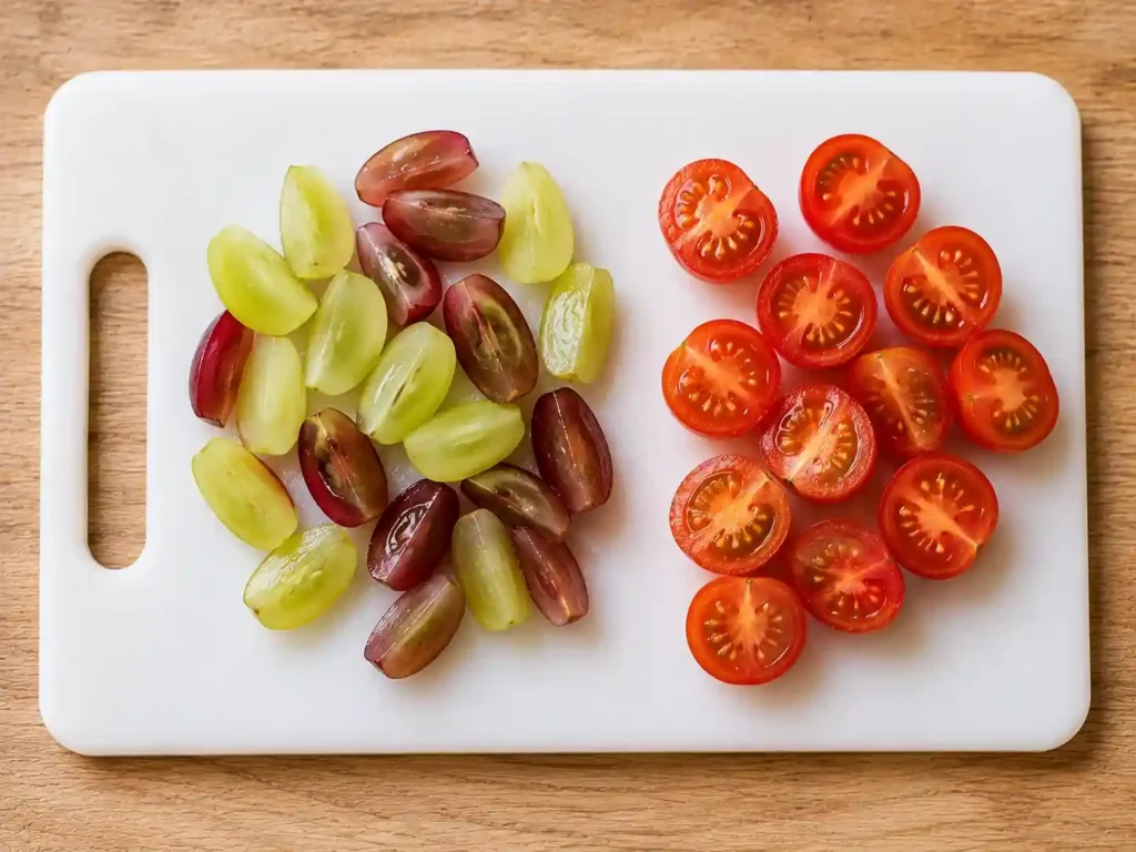 Finger Foods for 1 Year Old: 50+ Safe, Easy & Nutritious Ideas 1 grapes cut into quarters lengthwise and cherry tomatoes