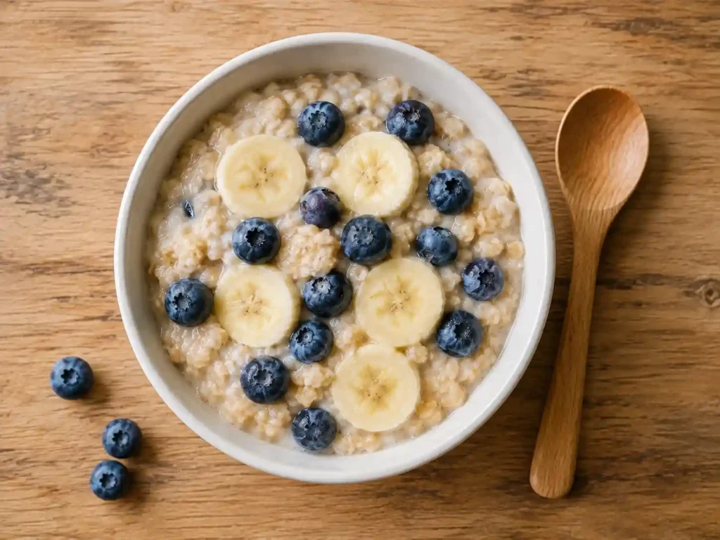 2 Year Old Meal Plan: A Complete 7-Day Guide for Busy Parents 2 banana oat porridge with blueberries in small white ceramic bowl
