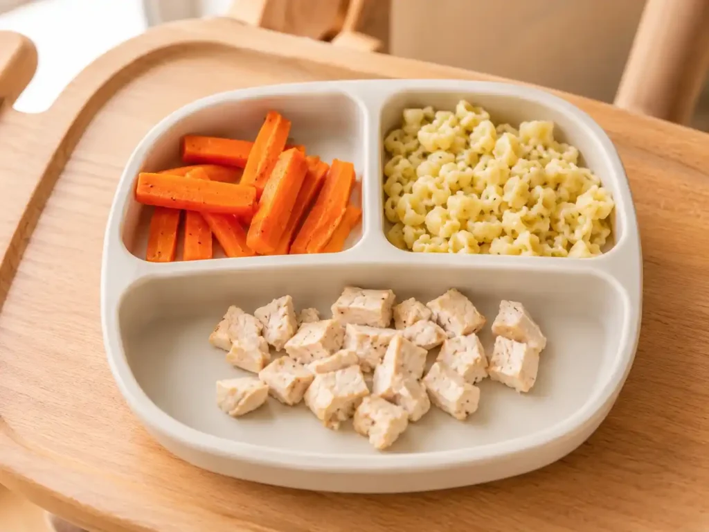 Baby Food Recipes: A Complete Stage-by-Stage Guide 3 a toddler-safe silicone plate divided into sections, holding soft roasted carrot sticks, small pasta shapes, and diced soft chicken