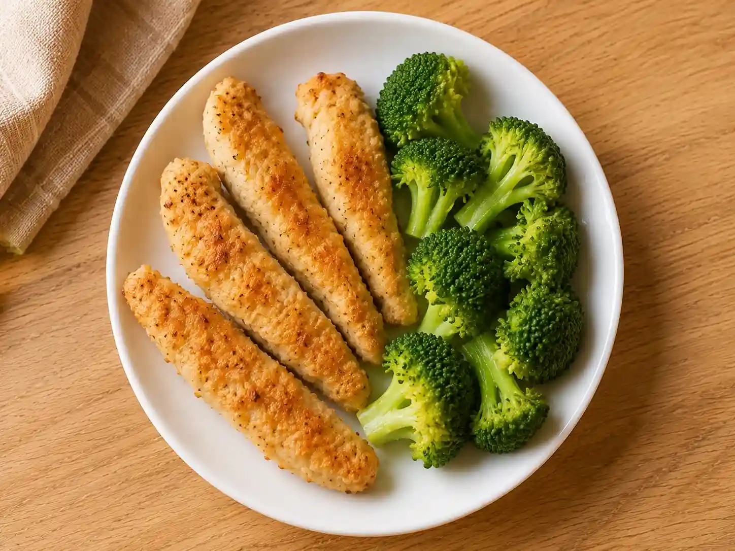 Finger Foods for 1 Year Old: 50+ Safe, Easy & Nutritious Ideas 4 homemade baked chicken strips
with soft steamed broccoli florets
