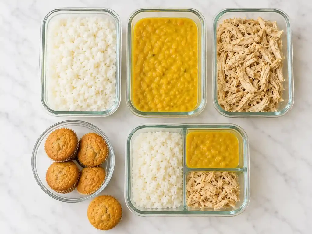 2 Year Old Meal Plan: A Complete 7-Day Guide for Busy Parents 5 glass containers with cooked rice, yellow lentil dal and shredded chicken, banana muffins