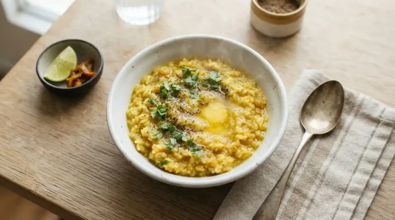 Foods for sick toddler — warm khichdi with ghee drizzle in small white bowl.