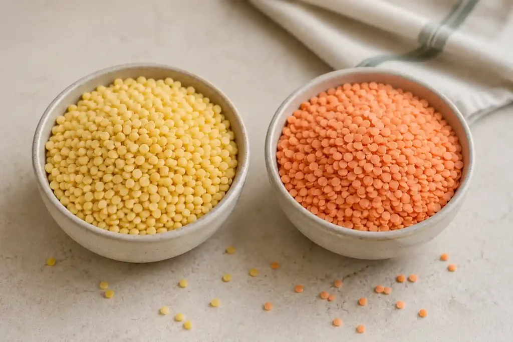 Dal Recipe for Toddlers: Easy, Mild & Nutritious (With Age-wise Tips) 1 yellow moong dal and masoor dal in two small separate bowls