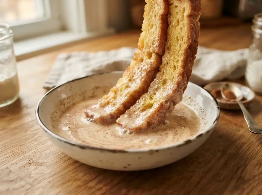 Easy Toddler French Toast Sticks (Freezer-Friendly Recipe) 2 Bread Strips Dipping into Egg