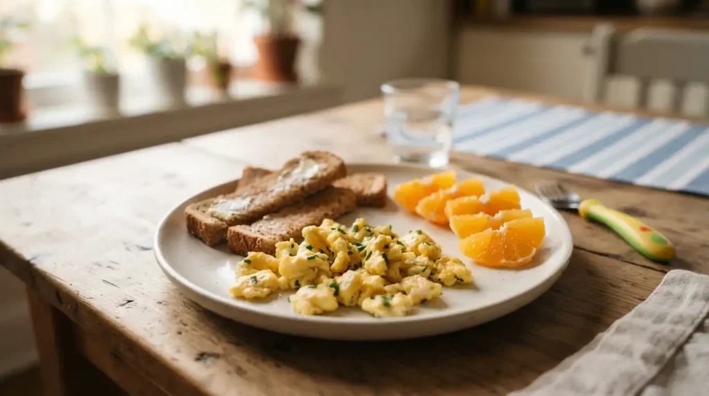3 Year Old Meal Plan: A Complete 7-Day Guide for Busy Parents 2 Breakfast for 3 year old, Scrambled Eggs with Toast on plate
