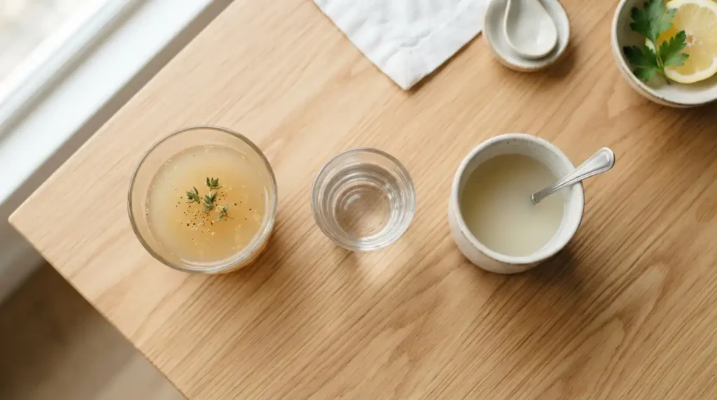 Toddler illness hydration — water,
chicken broth and oral rehydration
solution in small cups