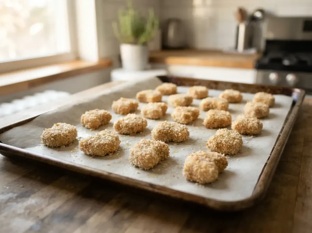 Homemade Chicken Nuggets for Toddlers (Baked, Freezer-Friendly) 3 chicken nuggets on baking sheet