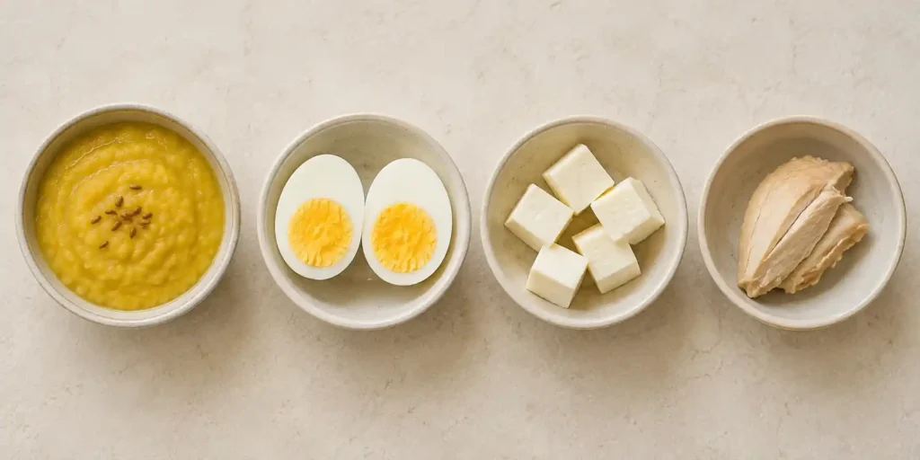 Dal Recipe for Toddlers: Easy, Mild & Nutritious (With Age-wise Tips) 4 individual bowls arranged in a row — dal, a boiled egg cut in half, a few paneer cubes, and a small piece of cooked chicken