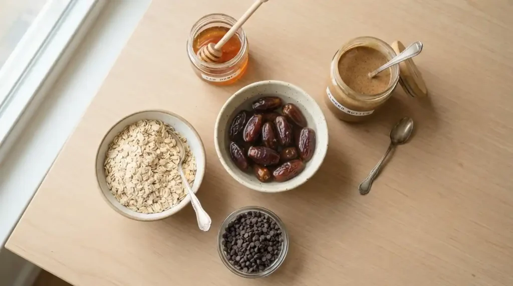 Homemade Granola Bars for Toddlers (No-Bake & Easy) 2 date and oat granola bar ingredients flatlay