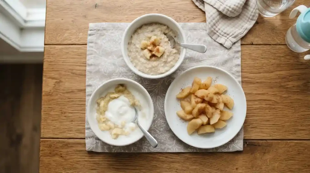 Foods for toddler fever — warm banana
oat porridge and plain yogurt bowls