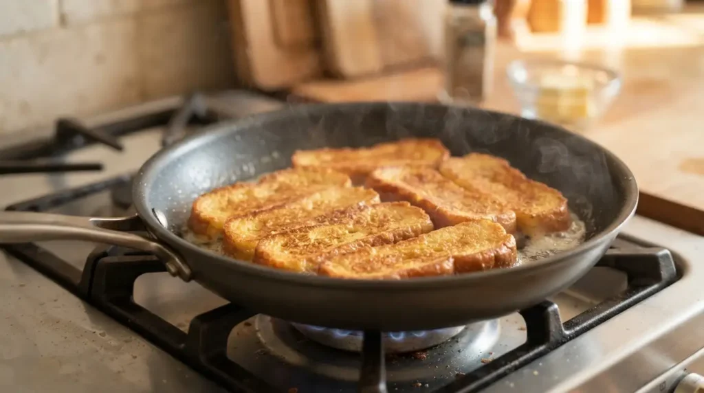 Easy Toddler French Toast Sticks (Freezer-Friendly Recipe) 3 French Toast Strips Cooking Skillet