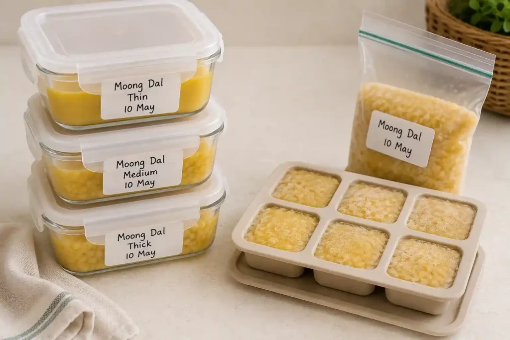 Dal Recipe for Toddlers: Easy, Mild & Nutritious (With Age-wise Tips) 3 a small stack of labeled airtight containers filled with dal