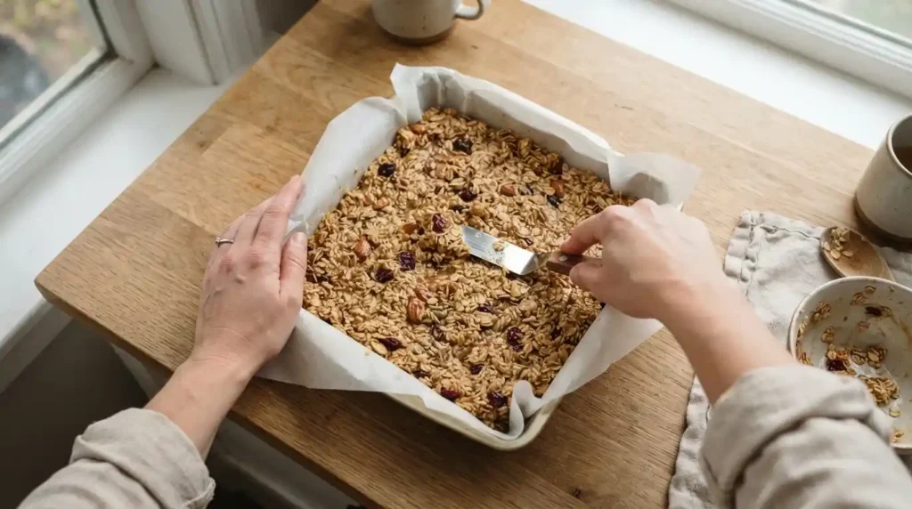 Homemade Granola Bars for Toddlers (No-Bake & Easy) 4 pressing granola bar mixture into pan