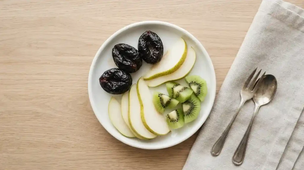 Foods to help toddler poop —
prunes, pear slices and kiwi
on small white plate