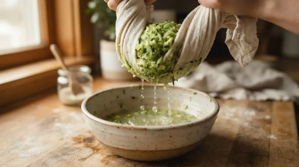 Zucchini Muffins for Toddlers (No Added Sugar, Freezer-Friendly) 2 Squeezing grated zucchini in towel