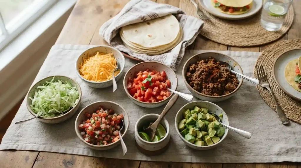 Toddler Meals for Picky Eaters: Easy 7-Day Meal Plan 3 taco ingredients served separately in small bowls — shredded cheese, diced tomato, seasoned ground meat, soft tortillas, and diced avocado