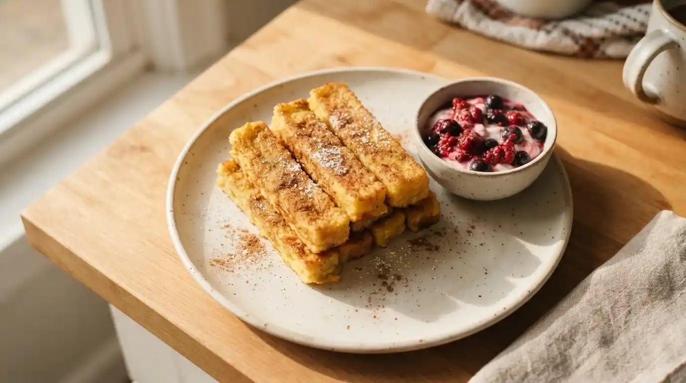 Easy Toddler French Toast Sticks (Freezer-Friendly Recipe) 4 Toddler French Toast Sticks on Plate