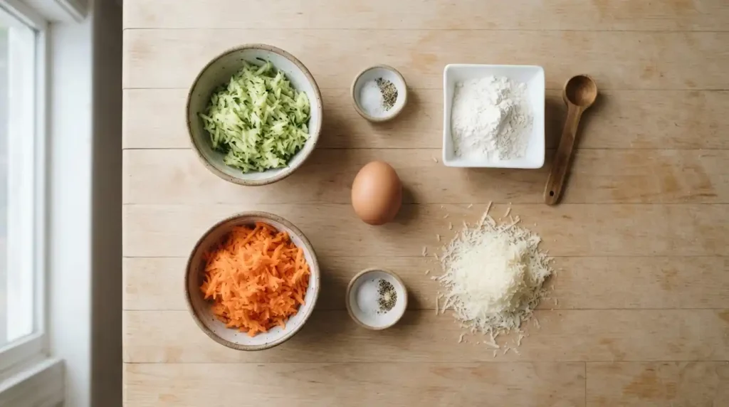 Toddler Veggie Fritters (Baked or Pan-Fried, Freezer-Friendly) 1 Toddler Veggie fritters ingredients