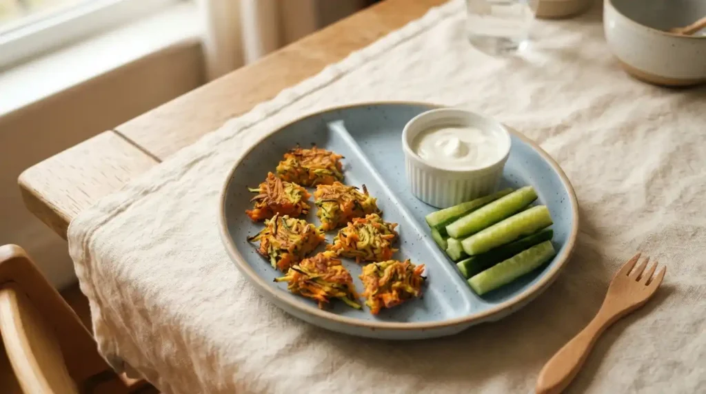 Toddler Veggie Fritters (Baked or Pan-Fried, Freezer-Friendly) 4 Toddler Veggie Fritters on Plate
