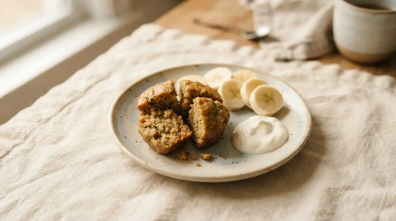 Zucchini Muffins for Toddlers (No Added Sugar, Freezer-Friendly) 4 Toddler plate with muffins, soft banana and white yogurt