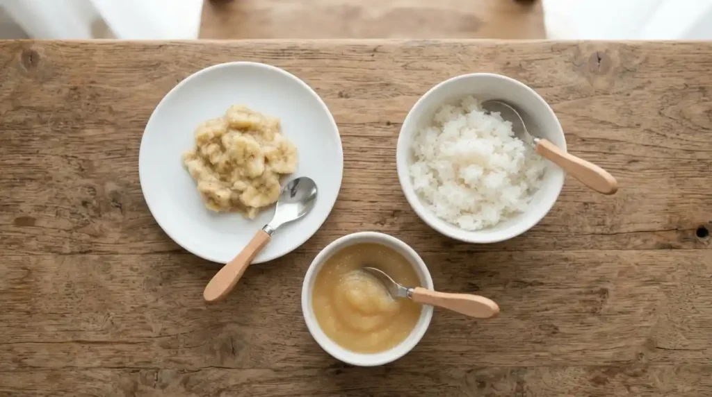 Bland foods for toddler upset
stomach — banana rice and applesauce