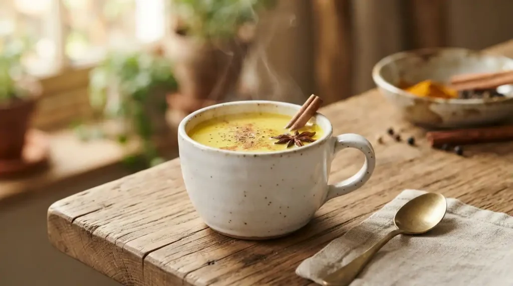 Haldi doodh turmeric milk for
toddler cold — warm golden milk
in small white cup