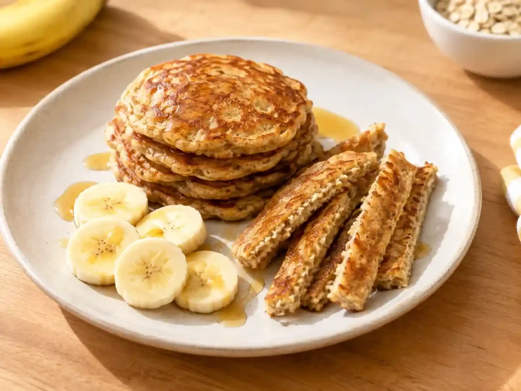 Banana Oat Pancakes for Toddlers (Easy Blender Recipe) 3 golden-brown banana oat pancakes