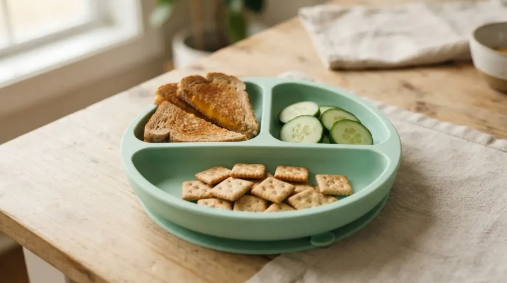 Toddler Meals for Picky Eaters: Easy 7-Day Meal Plan 2 toddler plate with grilled cheese triangles in one section, cucumber slices in another, and a small pile of crackers in the third